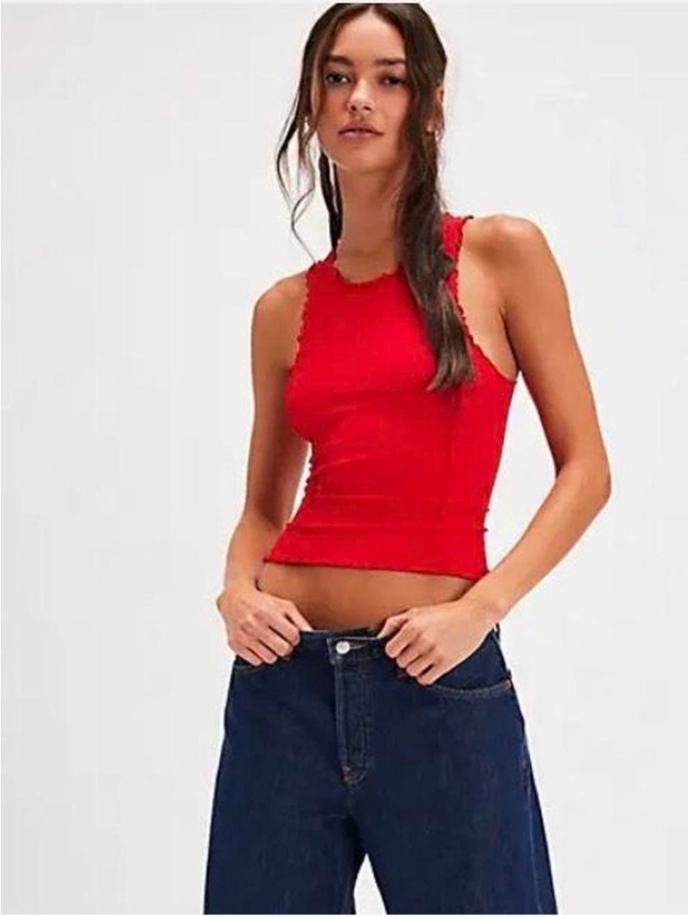 Ribbed Red Scallop-Edge Tank Top NWT